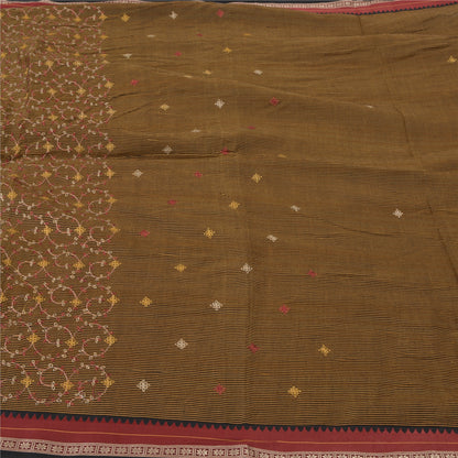 Sanskriti Vintage Black/Brown Sarees Blend Cotton Embroidered Woven Sari Sustainable Fabric