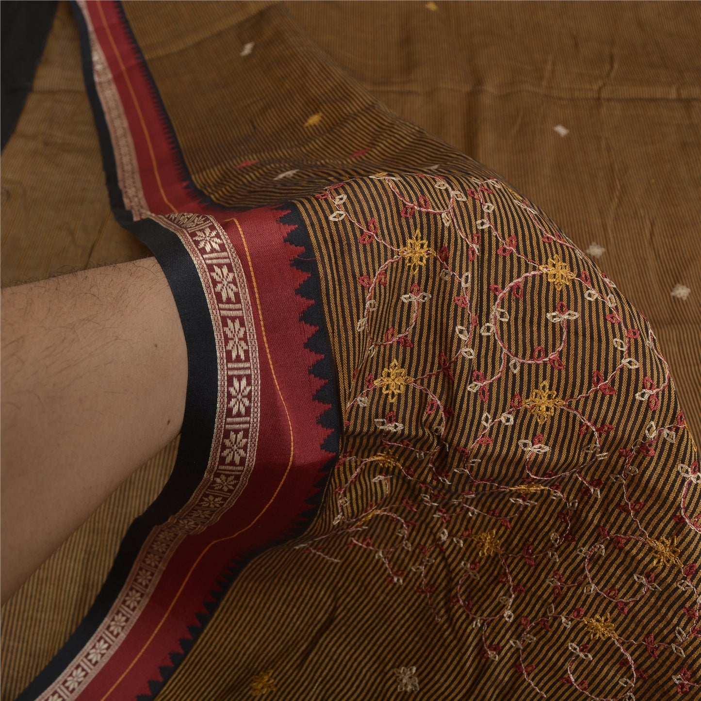 Sanskriti Vintage Black/Brown Sarees Blend Cotton Embroidered Woven Sari Sustainable Fabric