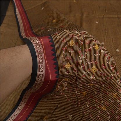 Sanskriti Vintage Black/Brown Sarees Blend Cotton Embroidered Woven Sari Sustainable Fabric