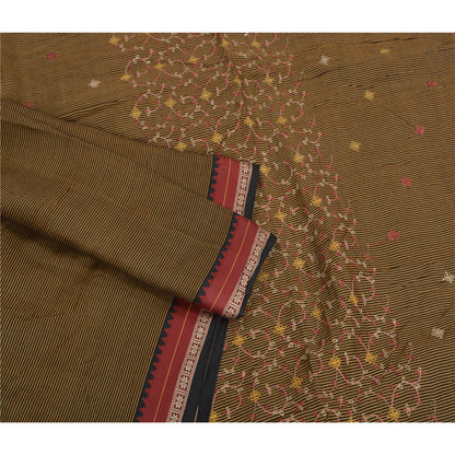 Sanskriti Vintage Black/Brown Sarees Blend Cotton Embroidered Woven Sari Sustainable Fabric