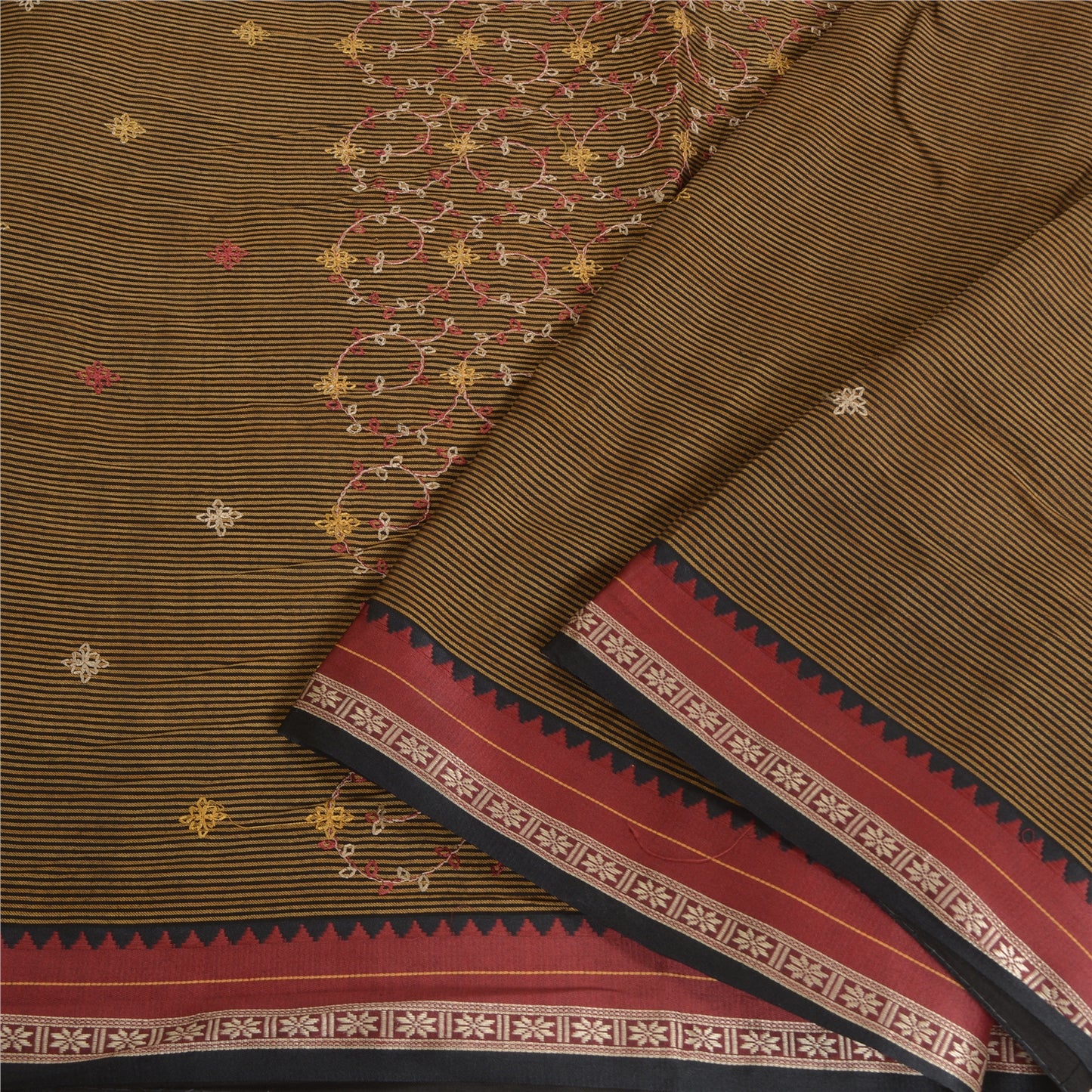 Sanskriti Vintage Black/Brown Sarees Blend Cotton Embroidered Woven Sari Sustainable Fabric