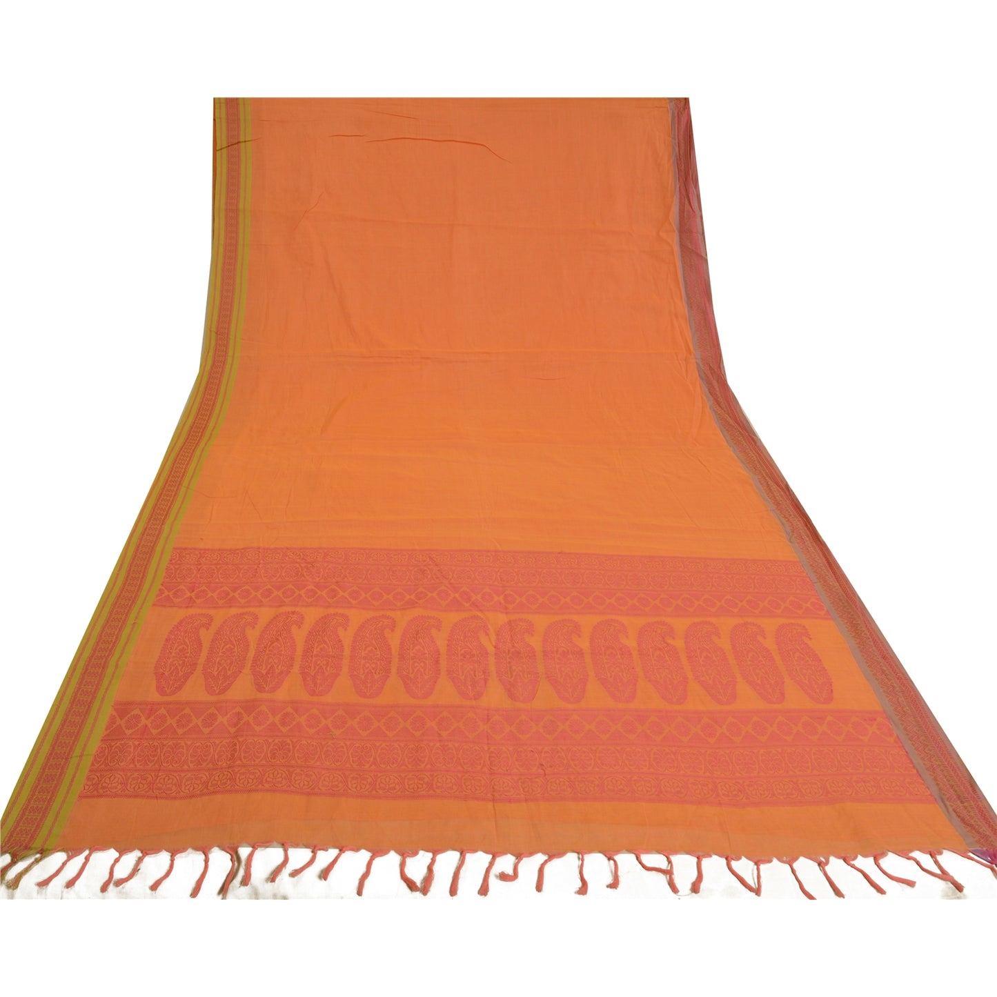 Sanskriti Vintage Peach Indian Sarees 100% Pure Cotton Woven Sari 5 YD Sustainable Fabric