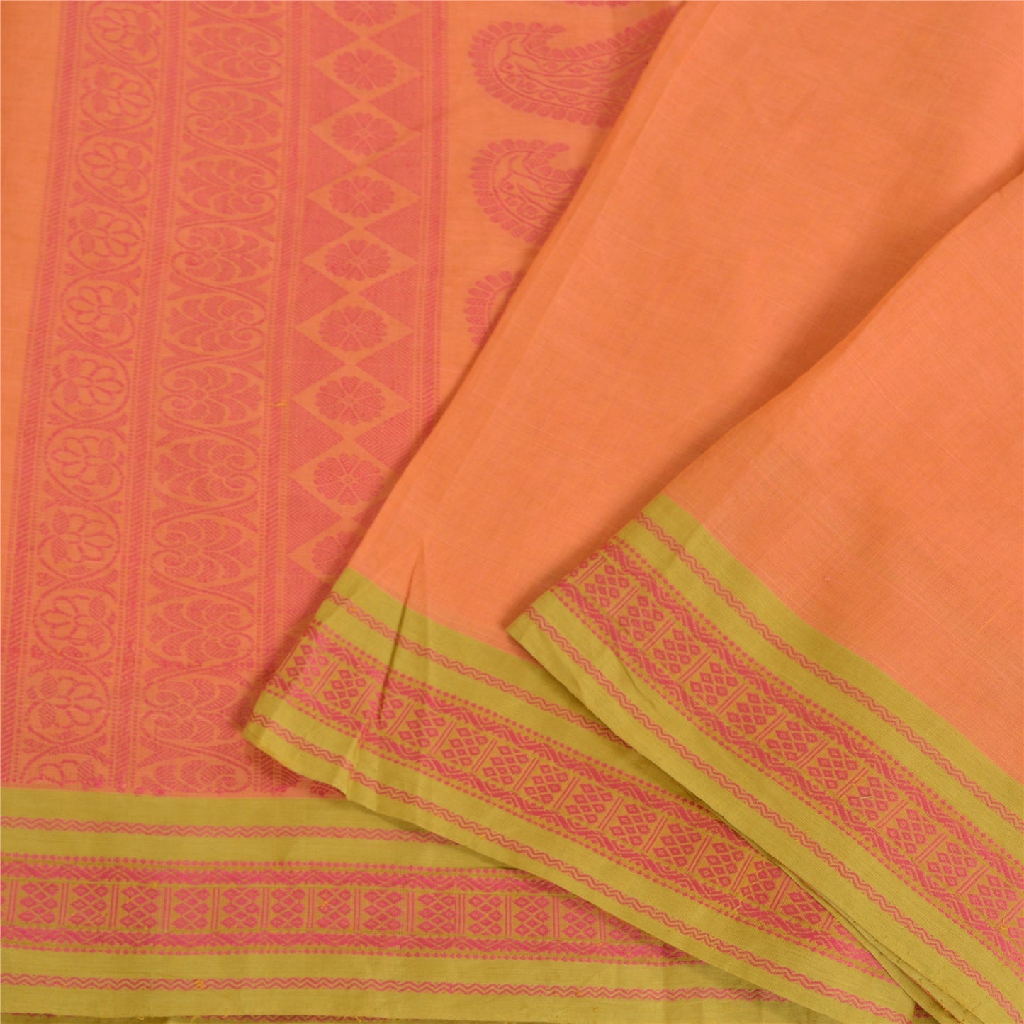 Sanskriti Vintage Peach Indian Sarees 100% Pure Cotton Woven Sari 5 YD Sustainable Fabric