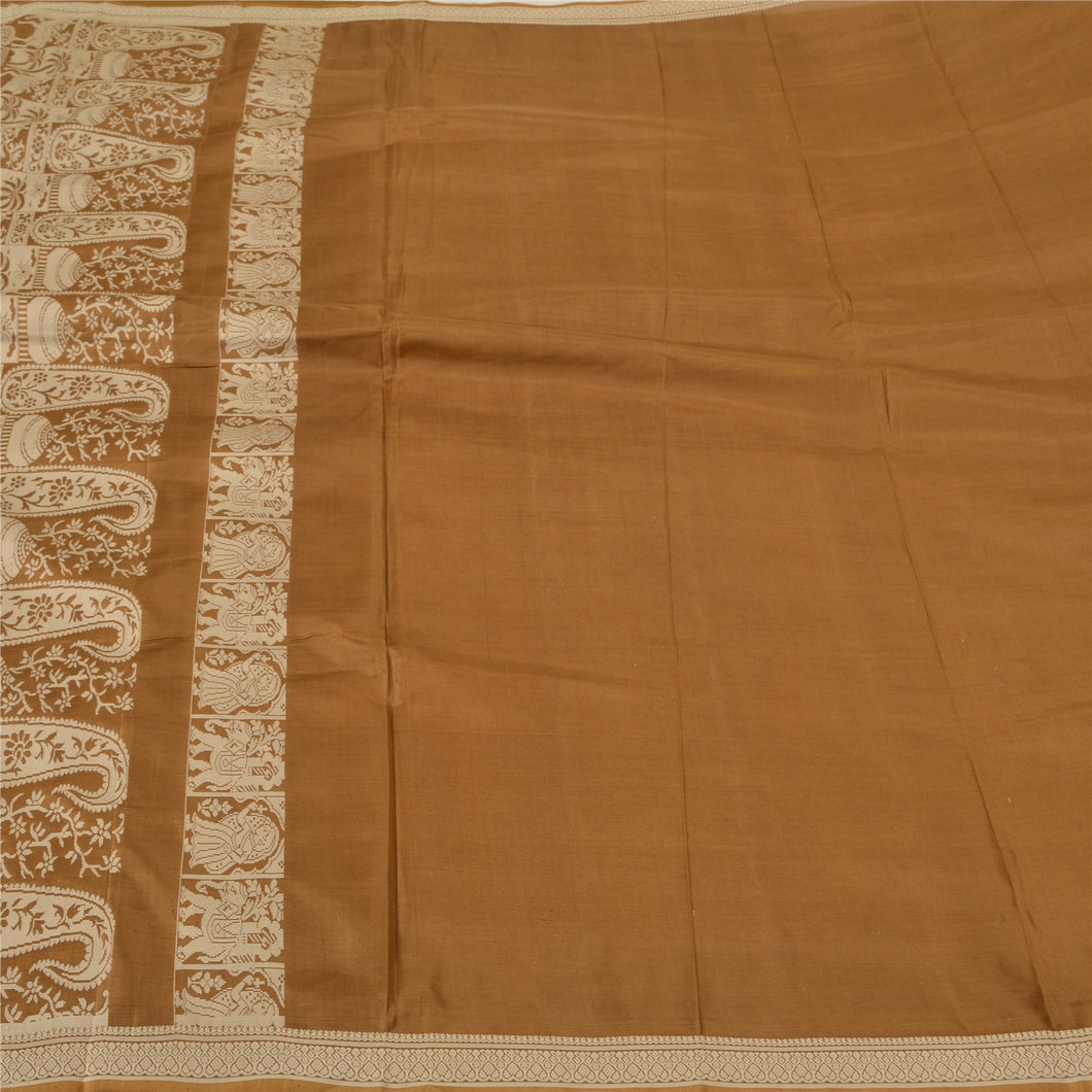 Sanskriti Vintage Brown Sarees 100% Pure Silk Woven Baluchari Human Sari Fabric