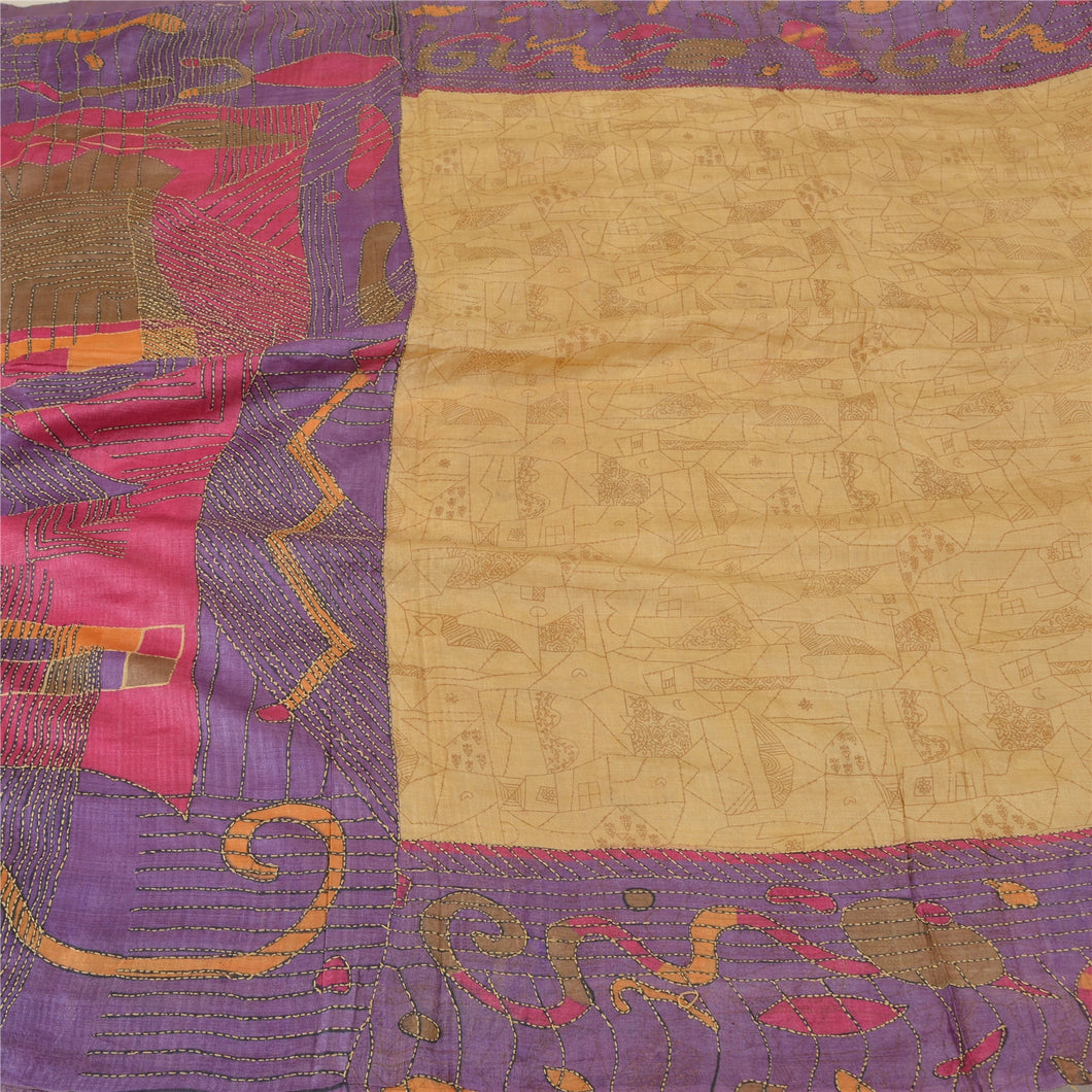 Sanskriti Vintage Purple/Ivory Sarees Pure Silk Hand Beaded Kantha Sari Fabric