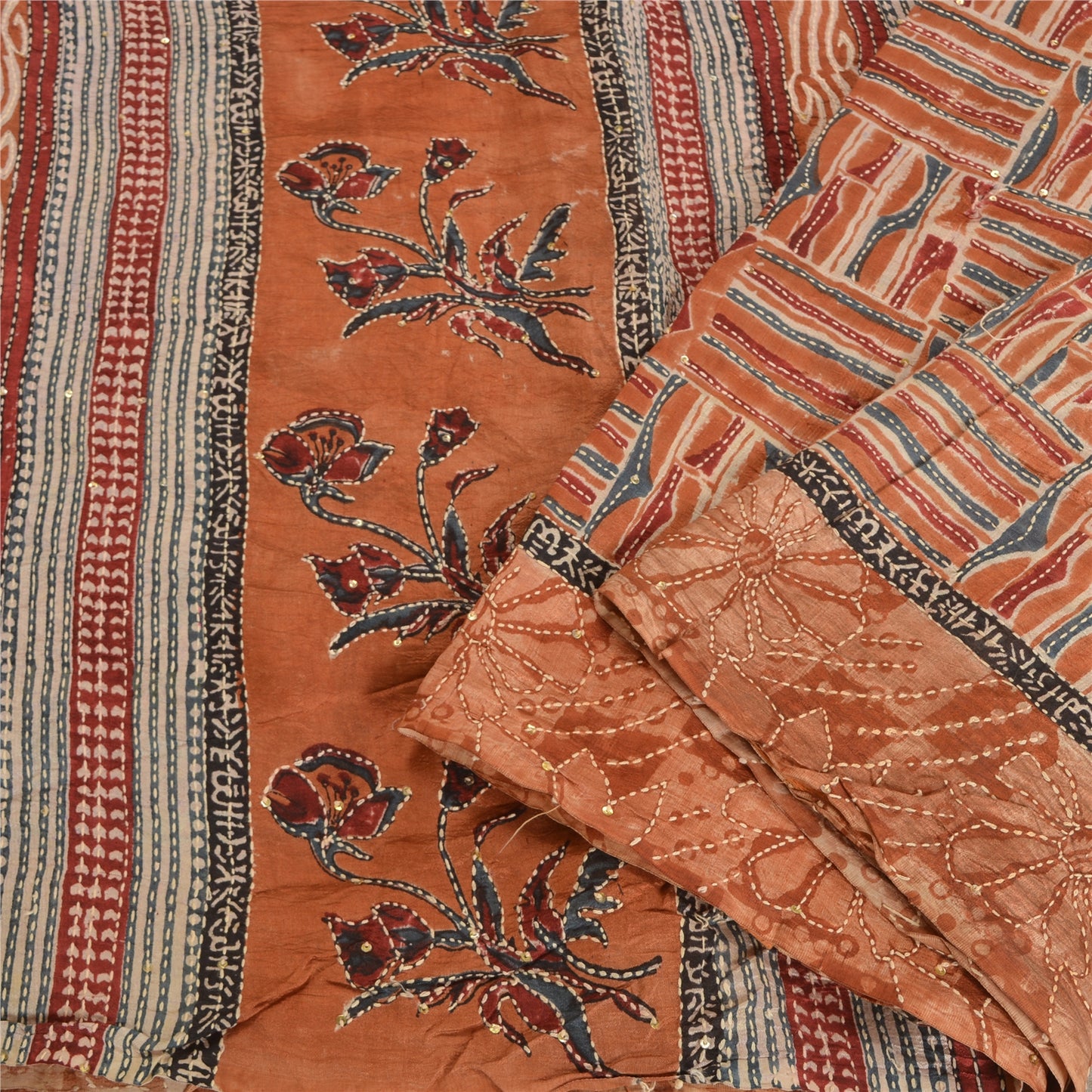 Sanskriti Vintage Indian Sarees 100% Pure Silk Hand Beaded Kantha Sari Sustainable Fabric