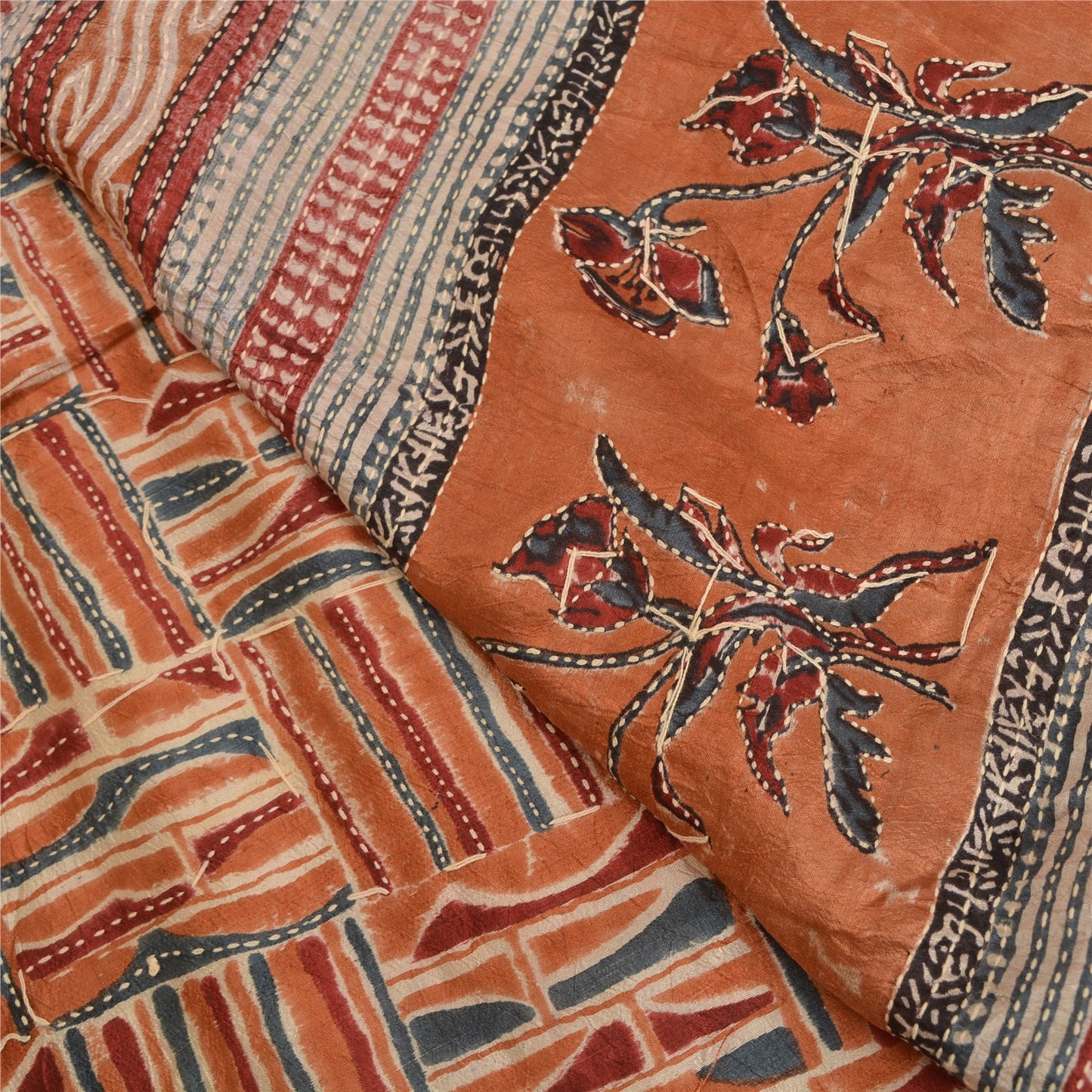 Sanskriti Vintage Indian Sarees 100% Pure Silk Hand Beaded Kantha Sari Sustainable Fabric