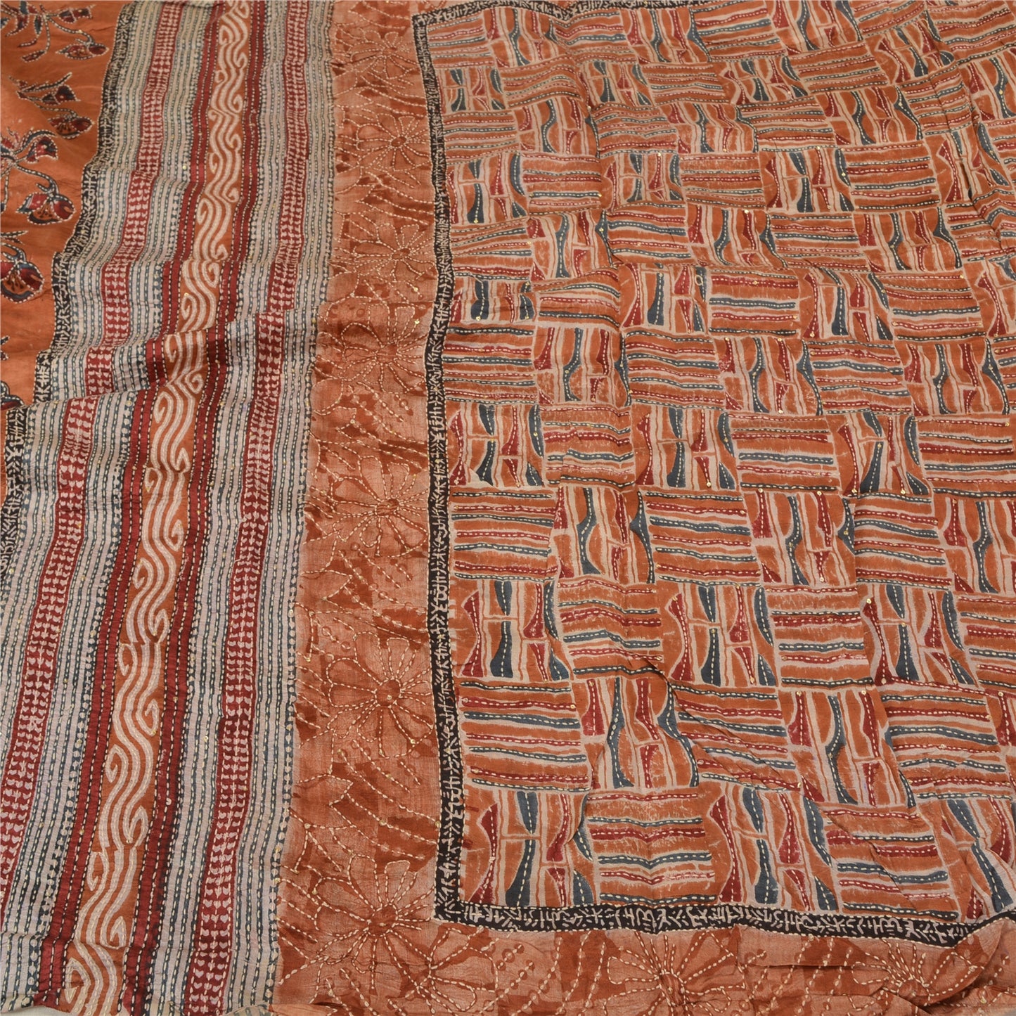 Sanskriti Vintage Indian Sarees 100% Pure Silk Hand Beaded Kantha Sari Sustainable Fabric