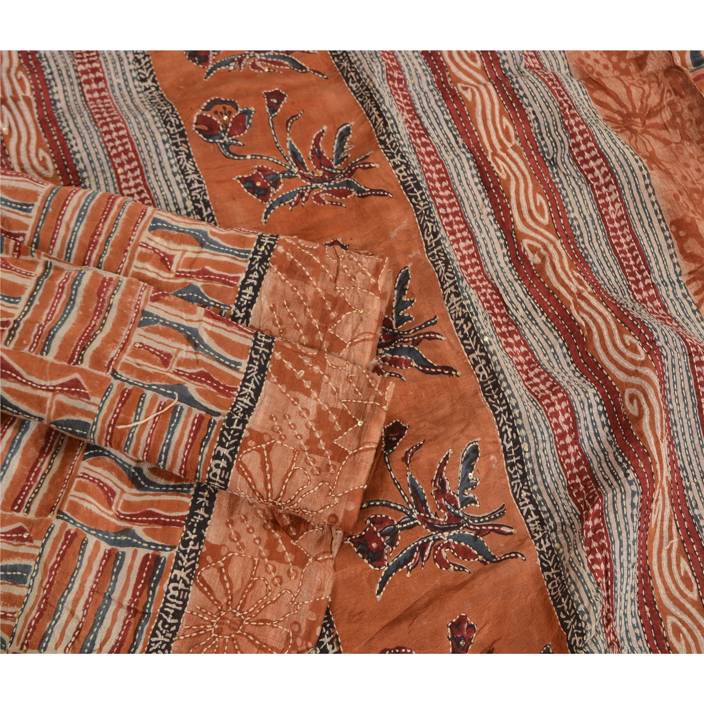 Sanskriti Vintage Indian Sarees 100% Pure Silk Hand Beaded Kantha Sari Sustainable Fabric