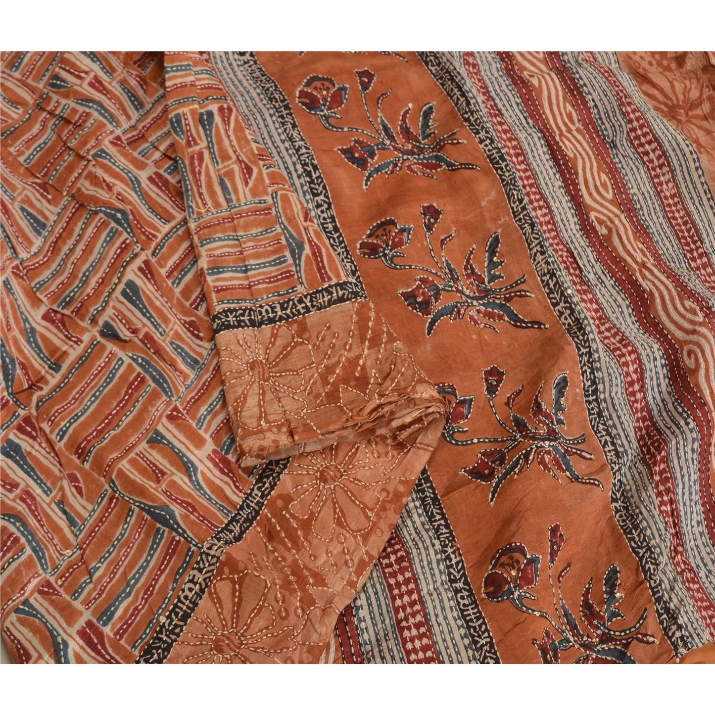 Sanskriti Vintage Indian Sarees 100% Pure Silk Hand Beaded Kantha Sari Sustainable Fabric