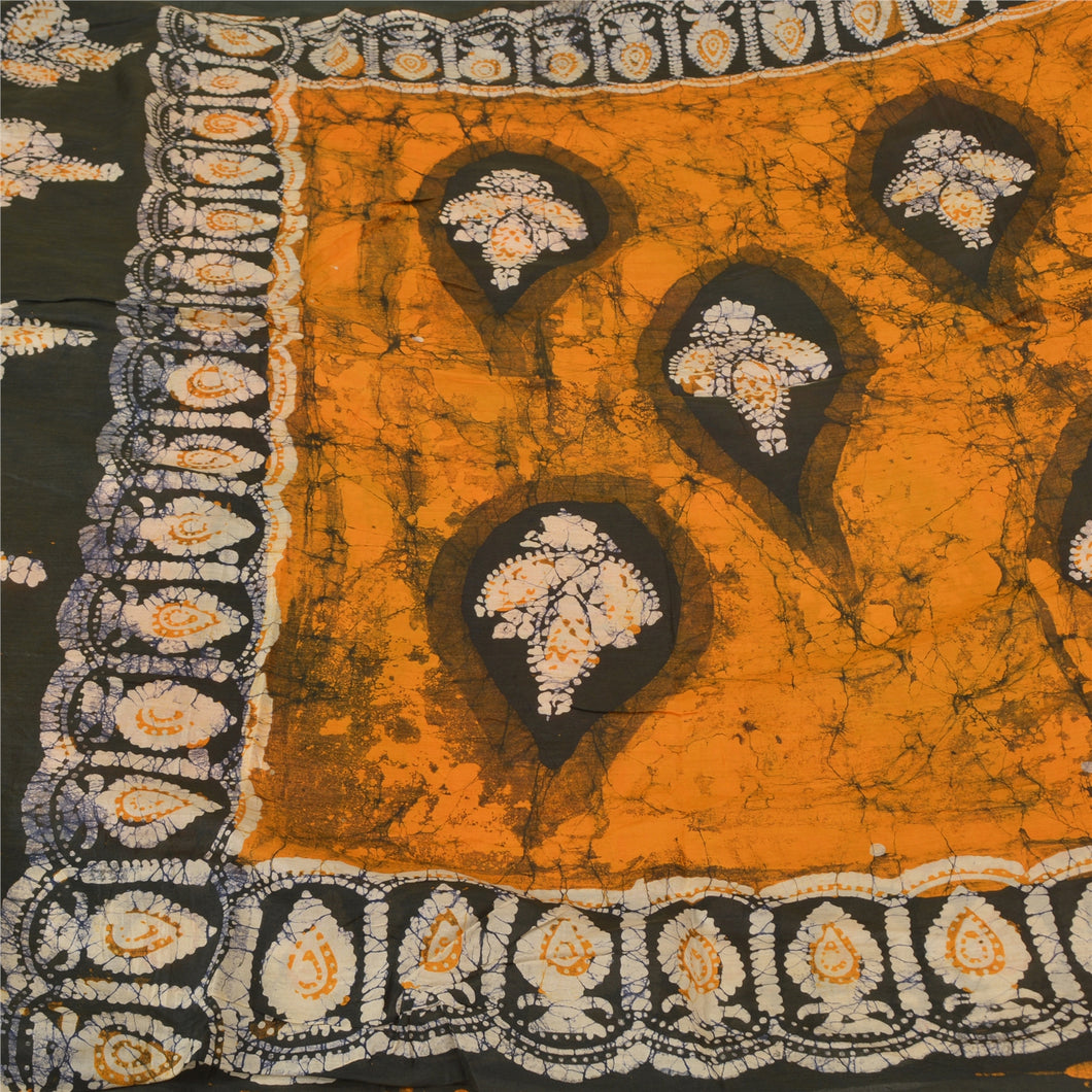 Sanskriti Vintage Saffron/Black Sarees 100% Pure Silk Batik Work Sari Fabric