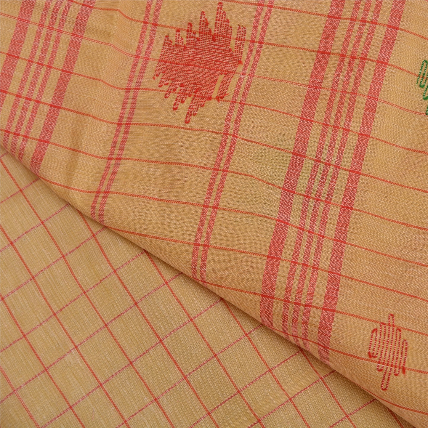 Sanskriti Vintage Cream Indian Sarees Blend Cotton Hand-Woven Tant Sari Sustainable Fabric