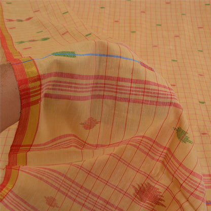 Sanskriti Vintage Cream Indian Sarees Blend Cotton Hand-Woven Tant Sari Sustainable Fabric