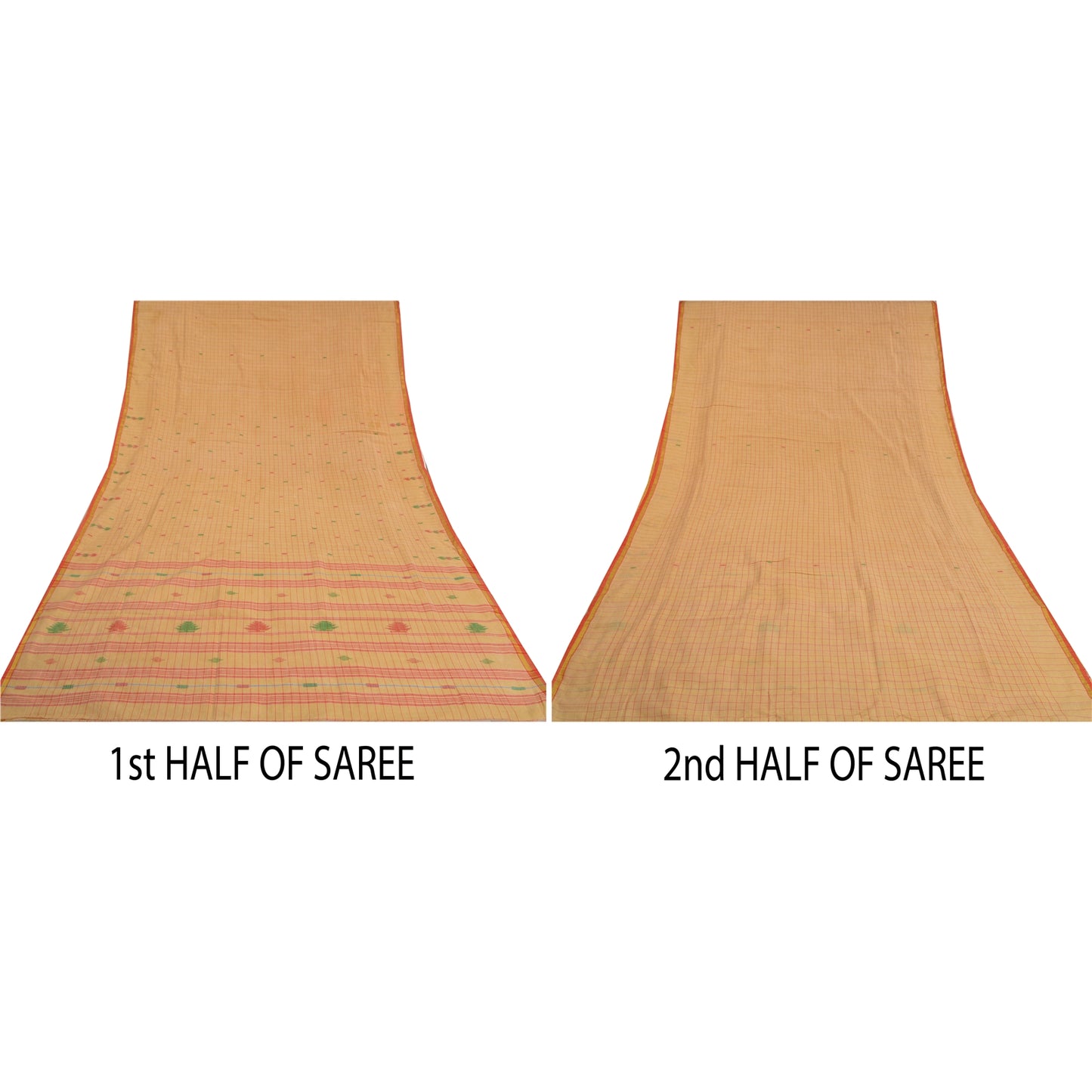 Sanskriti Vintage Cream Indian Sarees Blend Cotton Hand-Woven Tant Sari Sustainable Fabric