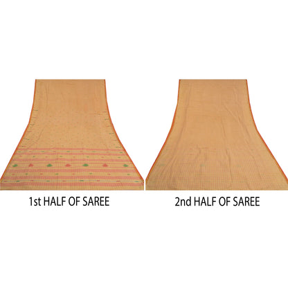 Sanskriti Vintage Cream Indian Sarees Blend Cotton Hand-Woven Tant Sari Sustainable Fabric