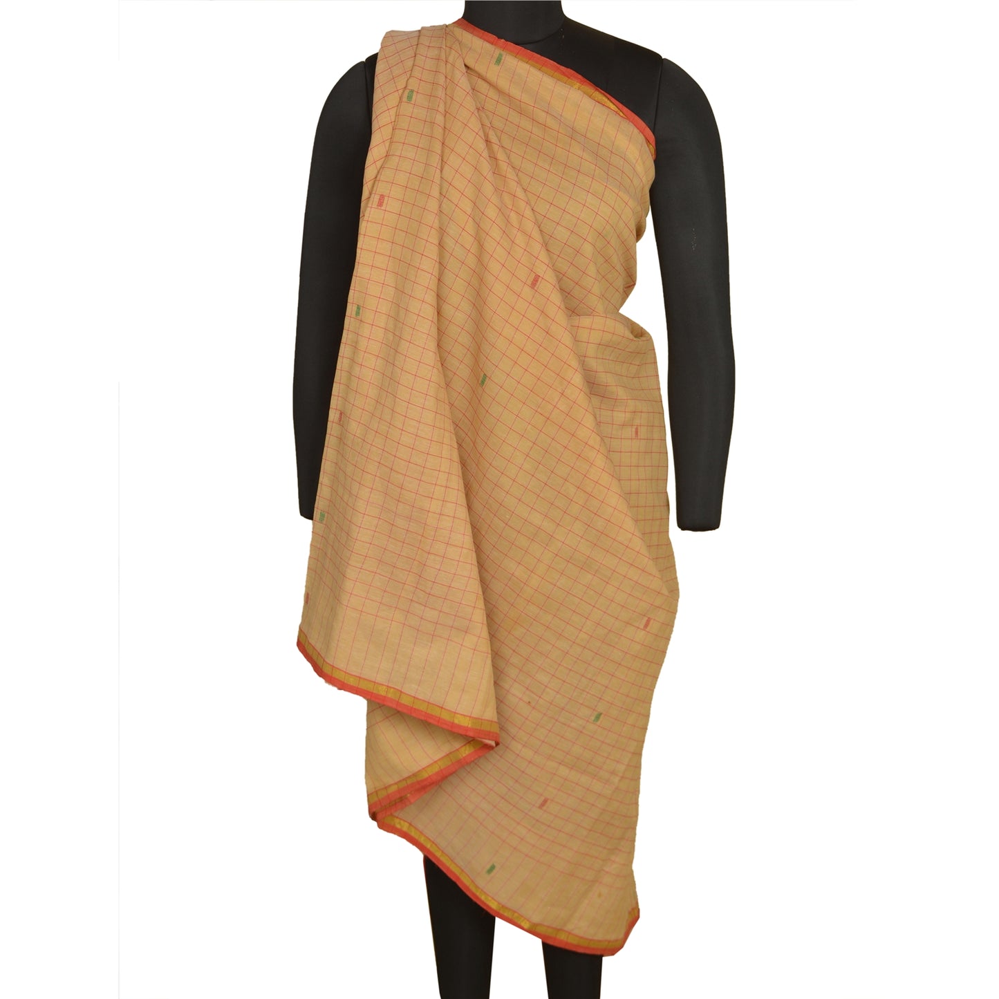 Sanskriti Vintage Cream Indian Sarees Blend Cotton Hand-Woven Tant Sari Sustainable Fabric