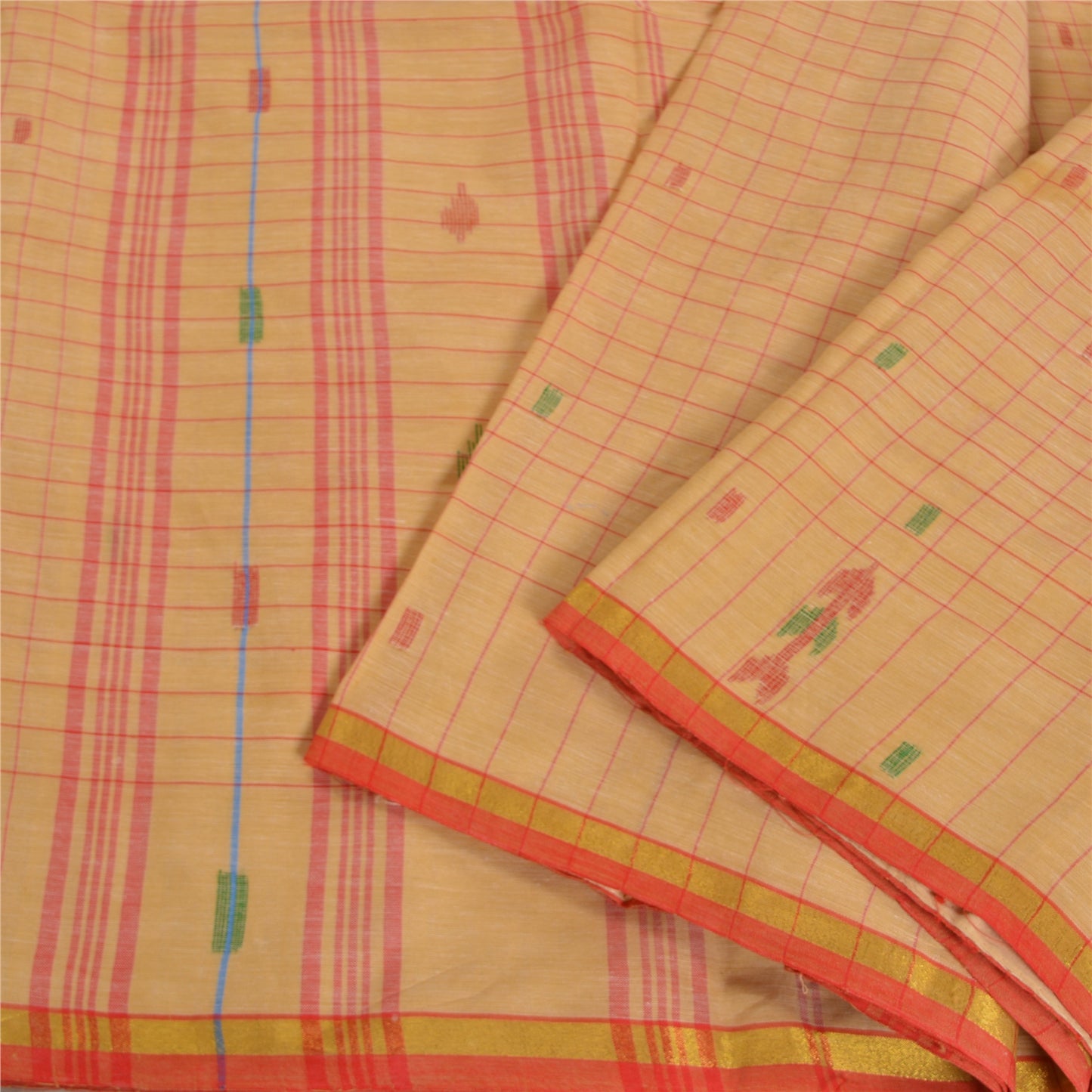 Sanskriti Vintage Cream Indian Sarees Blend Cotton Hand-Woven Tant Sari Sustainable Fabric
