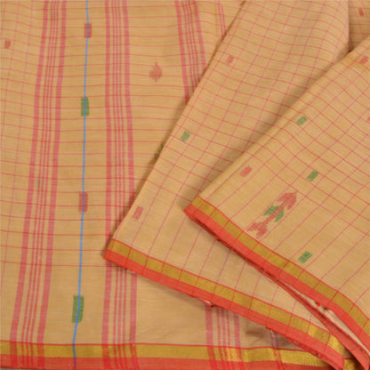 Sanskriti Vintage Cream Indian Sarees Blend Cotton Hand-Woven Tant Sari Sustainable Fabric