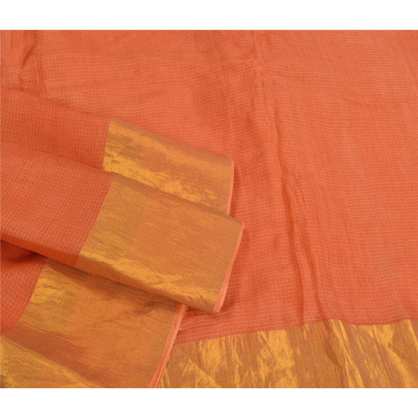 Sanskriti Vintage Orange Indian Sarees Pure Silk Woven Kota Doria Sari Sustainable Fabric