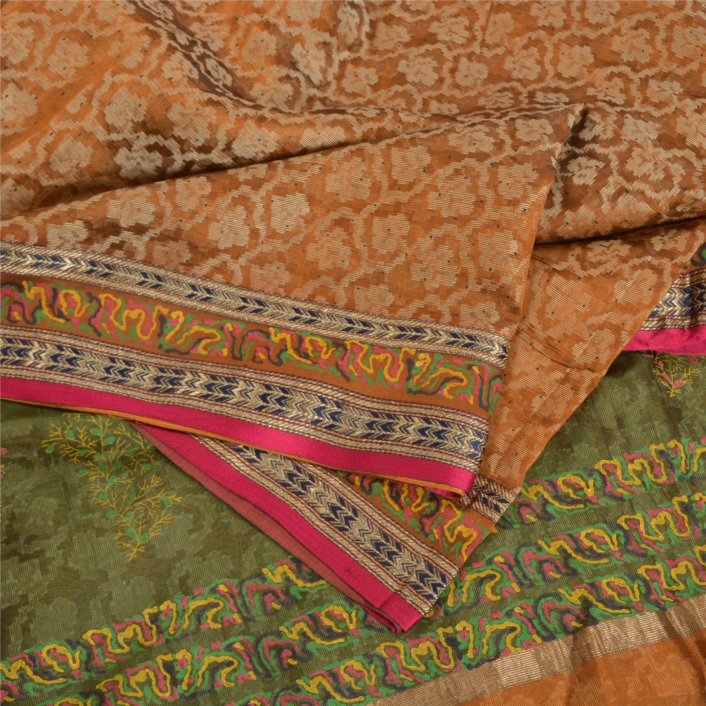 Санскритские винтажные оранжевые/зеленые сари из чистого шелка, парча, зари, сари, устойчивая ткань