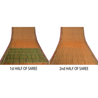 Санскритские винтажные оранжевые/зеленые сари из чистого шелка, парча, зари, сари, устойчивая ткань