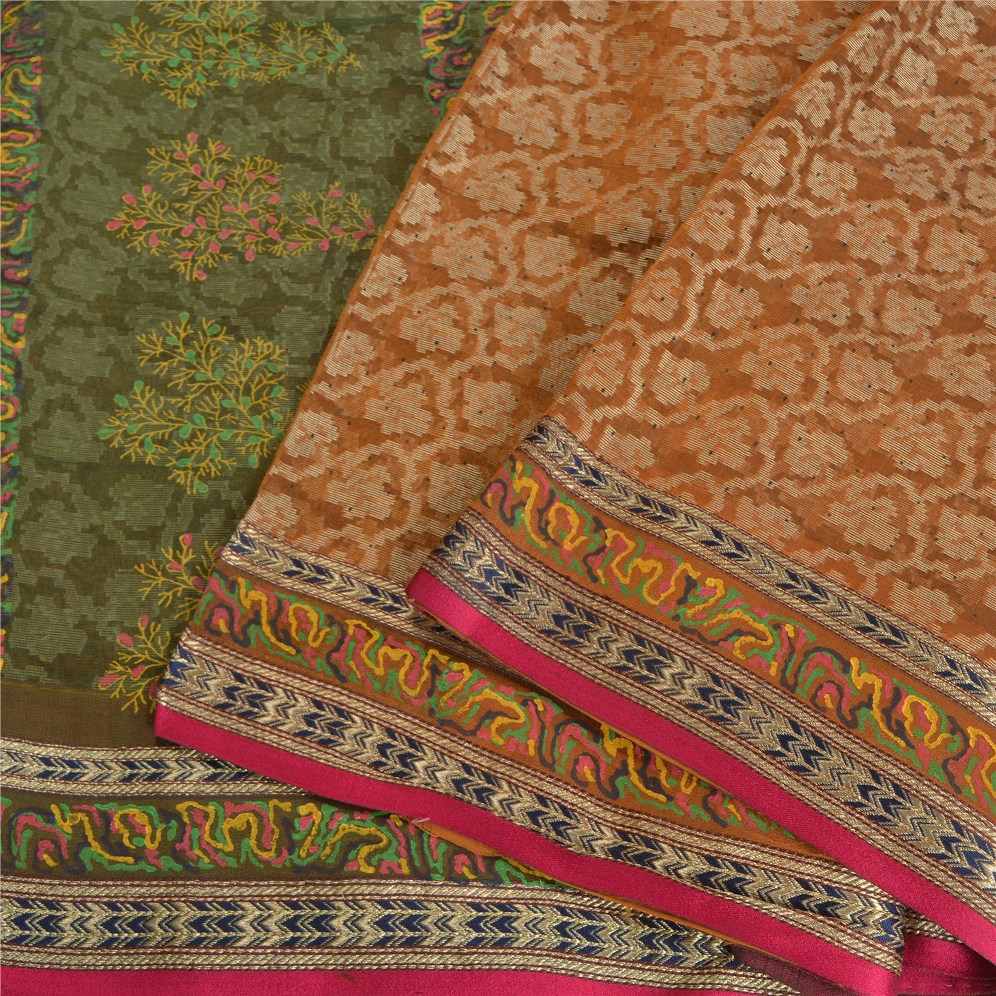 Санскритские винтажные оранжевые/зеленые сари из чистого шелка, парча, зари, сари, устойчивая ткань