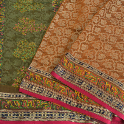 Санскритские винтажные оранжевые/зеленые сари из чистого шелка, парча, зари, сари, устойчивая ткань