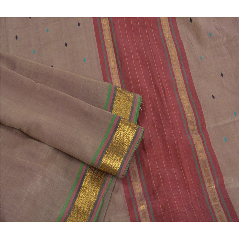 Sanskriti Vintage Handwoven Pure Cotton Sari: Brown Indian Saree with Zari Embroidery, 5yd Indian Craft Supplies Fabric For DIY Projects