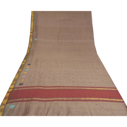 Sanskriti Vintage Brown Indian Sarees 100% Pure Cotton Woven Zari Sari Sustainable Fabric