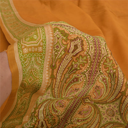 Sanskriti Vintage Saffron Indian Sarees 100% Pure Silk Woven Sari 5 YD Sustainable Fabric