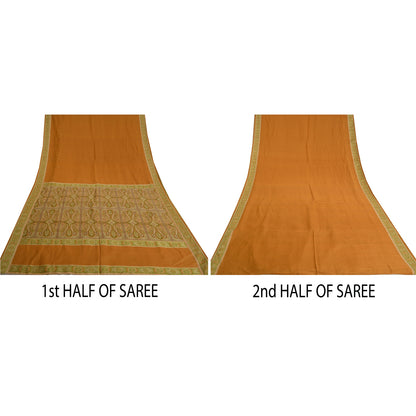 Sanskriti Vintage Saffron Indian Sarees 100% Pure Silk Woven Sari 5 YD Sustainable Fabric