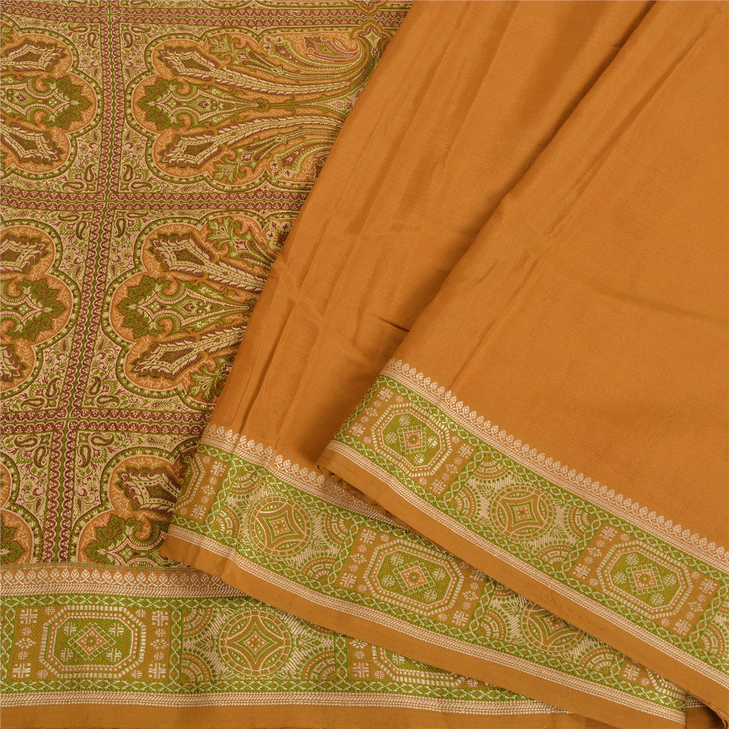 Sanskriti Vintage Saffron Indian Sarees 100% Pure Silk Woven Sari 5 YD Sustainable Fabric