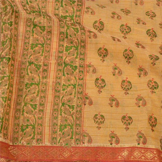 Sanskriti Vintage Cream Indian Sarees Pure Cotton Hand-Block Printed Sari Sustainable Fabric