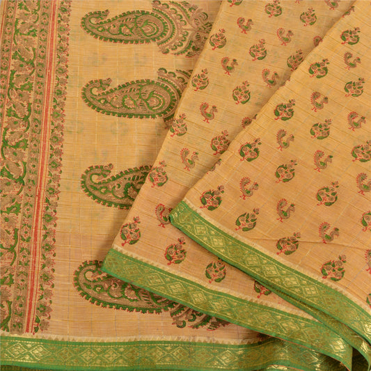 Sanskriti Vintage Cream Indian Sarees Pure Cotton Hand-Block Printed Sari Sustainable Fabric