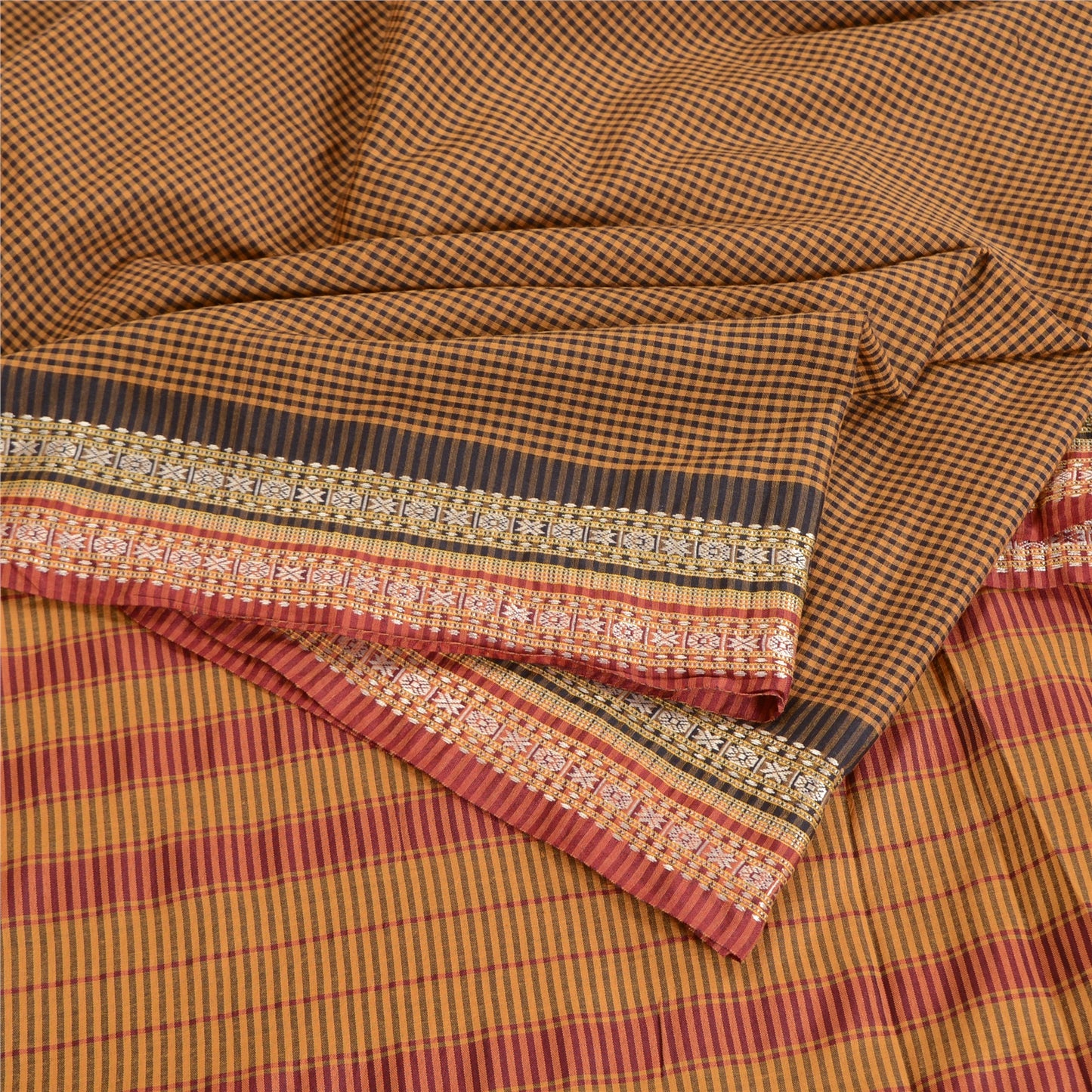 Sanskriti Vintage Mustard/Black Sarees Cotton Woven Chettinad Sari 5 Yard Sustainable Fabric