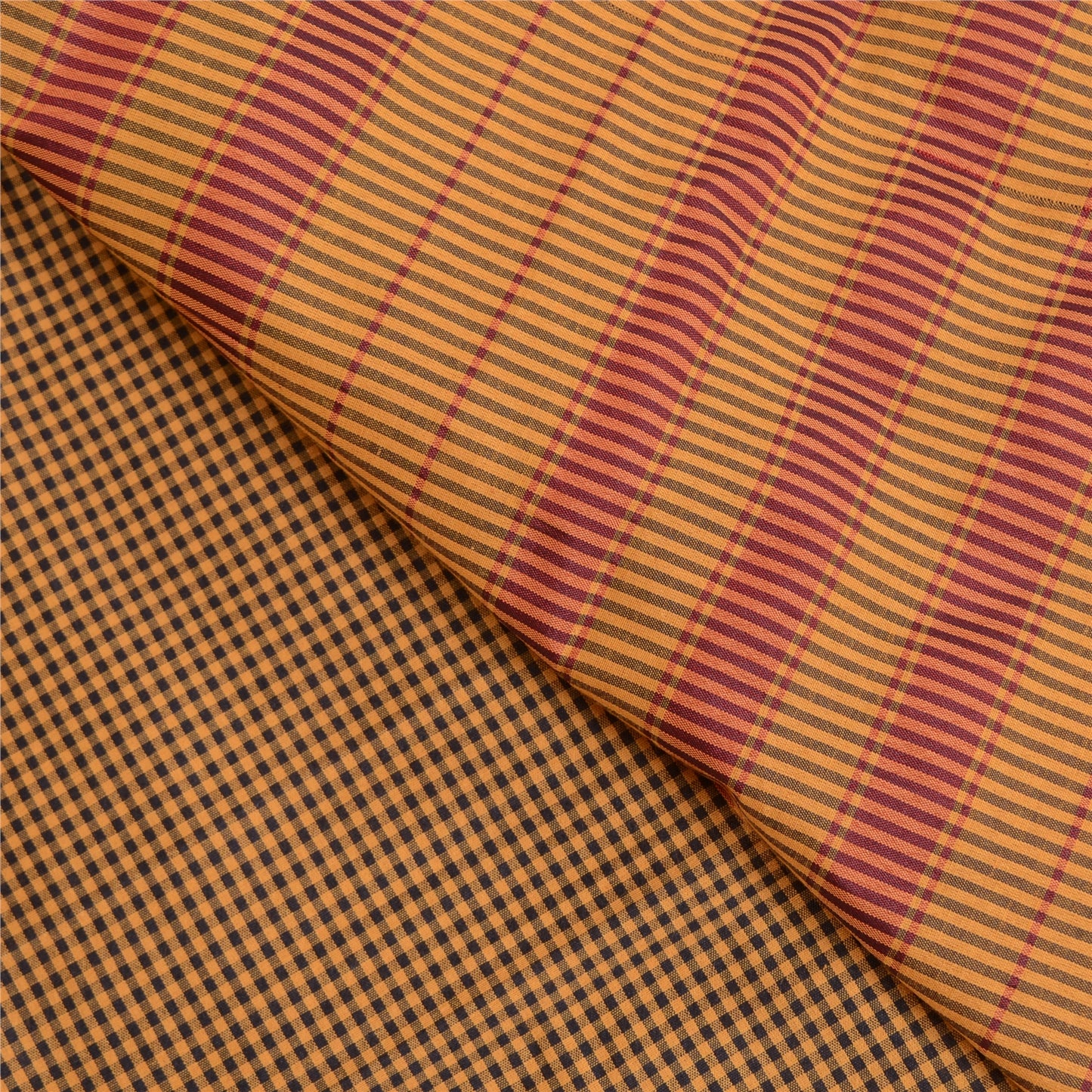 Sanskriti Vintage Mustard/Black Sarees Cotton Woven Chettinad Sari 5 Yard Sustainable Fabric