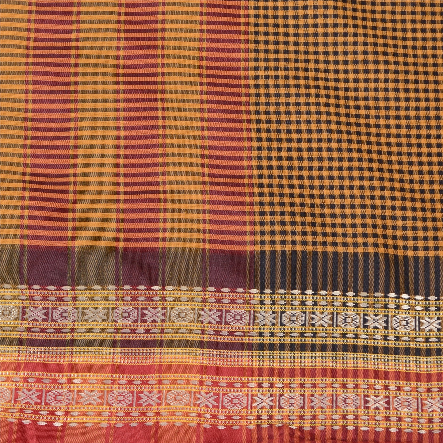 Sanskriti Vintage Mustard/Black Sarees Cotton Woven Chettinad Sari 5 Yard Sustainable Fabric