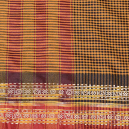 Sanskriti Vintage Mustard/Black Sarees Cotton Woven Chettinad Sari 5 Yard Sustainable Fabric