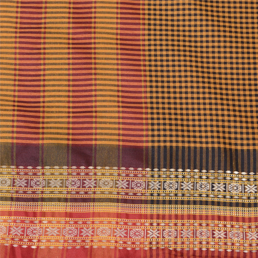 Sanskriti Vintage Mustard/Black Sarees Cotton Woven Chettinad Sari 5 Yard Sustainable Fabric