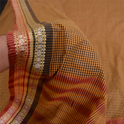 Sanskriti Vintage Mustard/Black Sarees Cotton Woven Chettinad Sari 5 Yard Sustainable Fabric