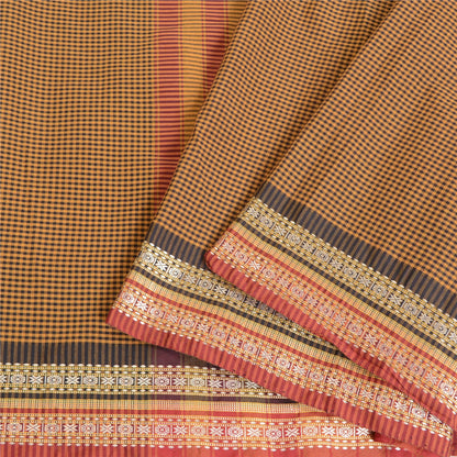 Sanskriti Vintage Mustard/Black Sarees Cotton Woven Chettinad Sari 5 Yard Sustainable Fabric