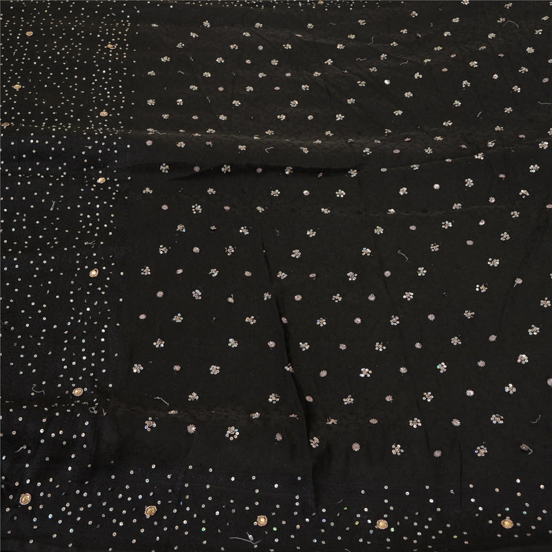 Sanskriti Vintage Saree Black Satin Hand Beaded Woven 5yd Sari Fabric Create Dresses, Kaftan, Skirt, Tops, Projects, Home Decor, Sewing