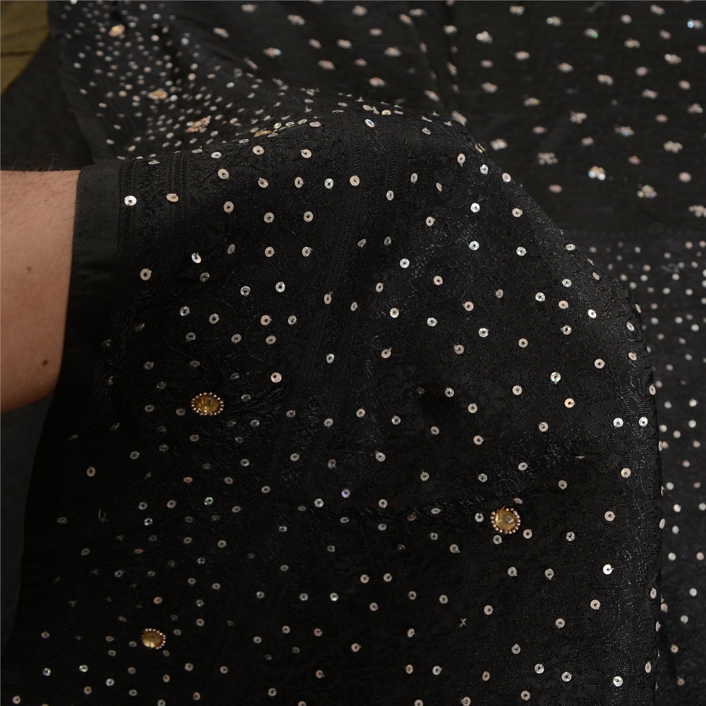 Sanskriti Vintage Black Sarees Satin Hand Beaded Woven Premium Sari Sustainable Fabric