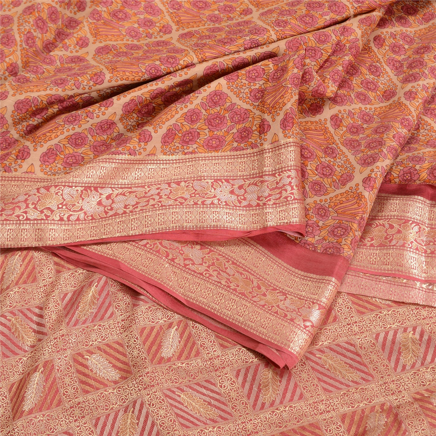 Sanskriti Vintage Pink Indian Sarees 100% Pure Silk Woven Sari Craft 5 YD Sustainable Fabric