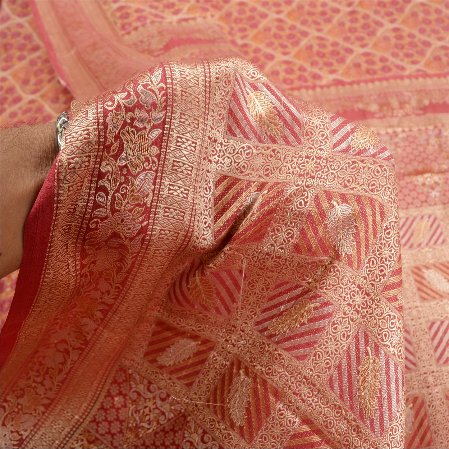 Sanskriti Vintage Pink Indian Sarees 100% Pure Silk Woven Sari Craft 5 YD Sustainable Fabric