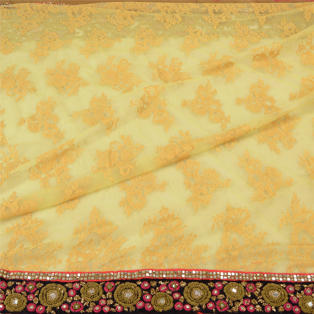 Sanskriti Vintage Cream Sarees Net Mesh Hand Beaded Sari Zardozi Work Fabric