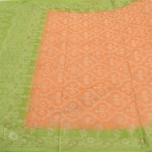 Sanskriti Vintage Peach/Green Sarees Pure Silk Woven Premium Sari 5 Yard Sustainable Fabric