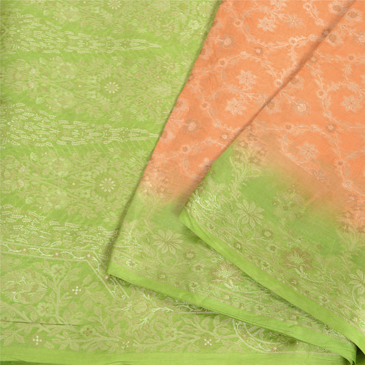 Sanskriti Vintage Peach/Green Sarees Pure Silk Woven Premium Sari 5 Yard Sustainable Fabric