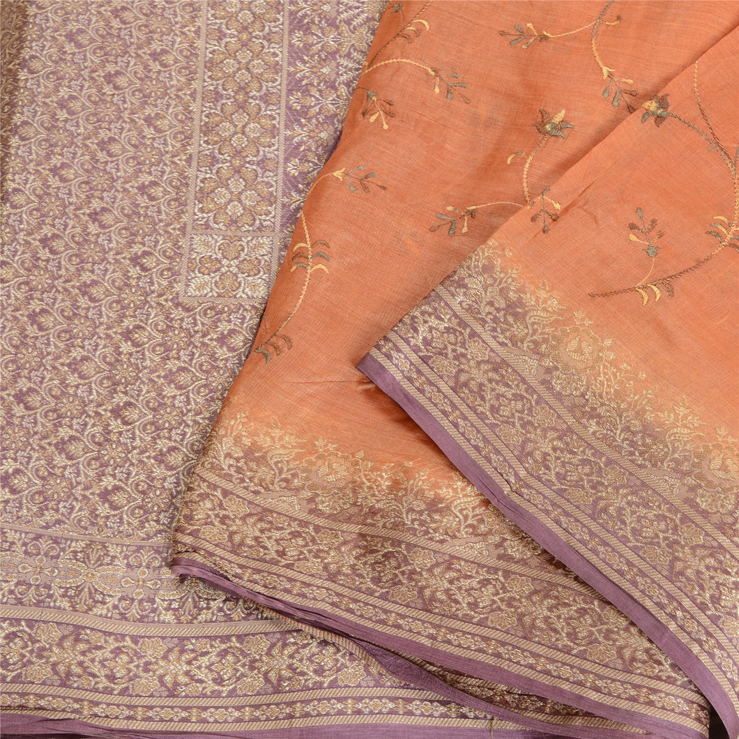 Sanskriti Vintage Orange/Purple Sarees Pure Silk Embroidered Woven Sari Fabric