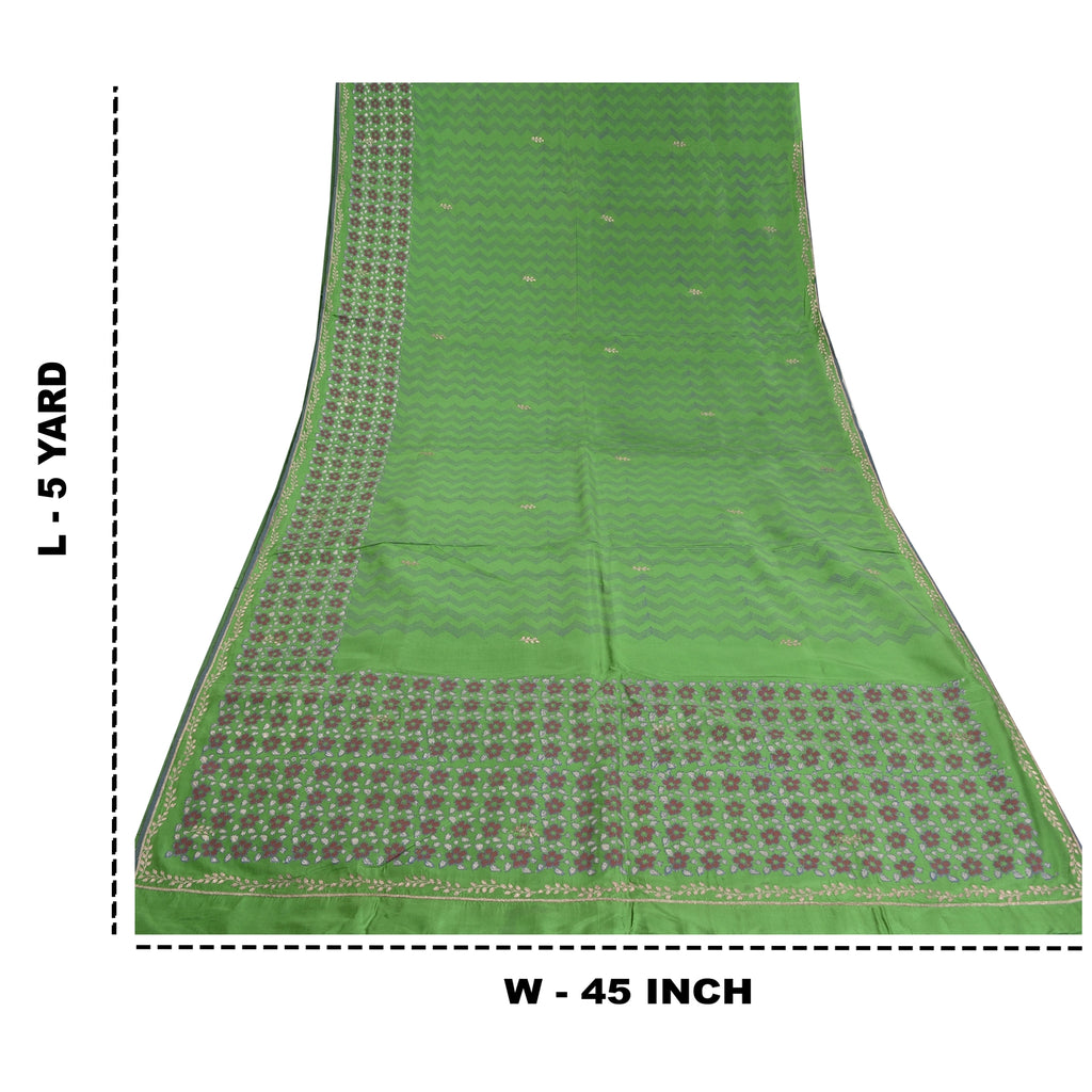 Sanskriti Vintage Sari 100% Pure Silk Green Saree Hand Block Printed 5Yrd Craft Fabric Indian Heritage Textile Craft Supplies Material